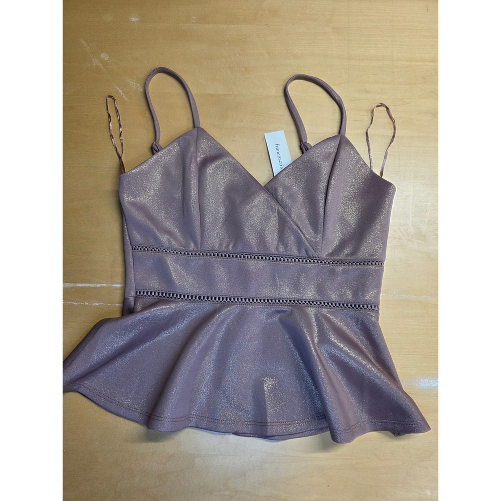 Francescas Trixx Rose Gold Metallic Ladder Trim Peplum Camisole Top Medium NEW